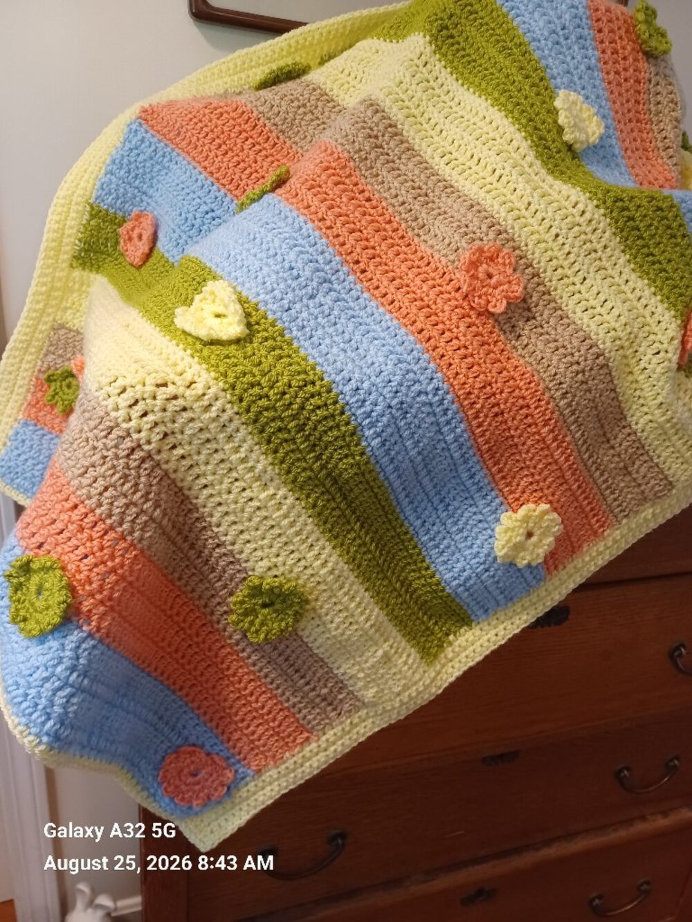 Baby/Children's Blanket Handmade Crocheted Yellow, Blue, Peach, Olive Green, Tan